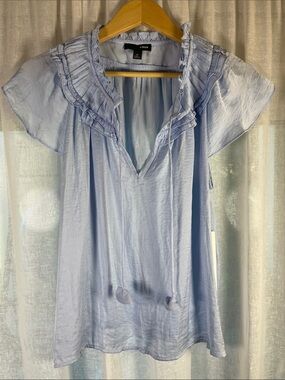 Aqua Pale Blue Ruffle-Trim V-Neck Peasant Top